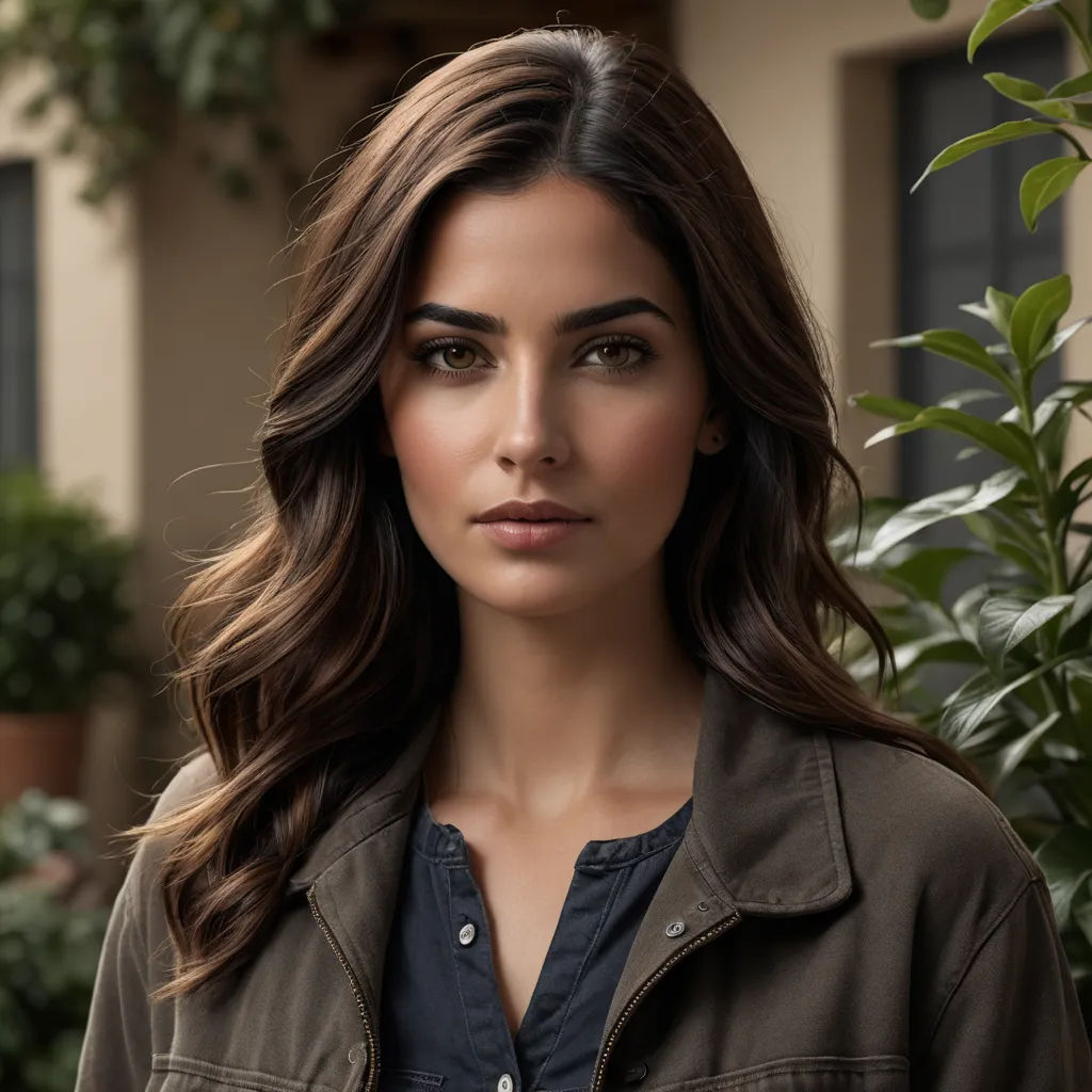 a woman with long hair and a jacket on standing in front of a house with a potted plant, fine art, a portrait, Emma Ríos, promotional image