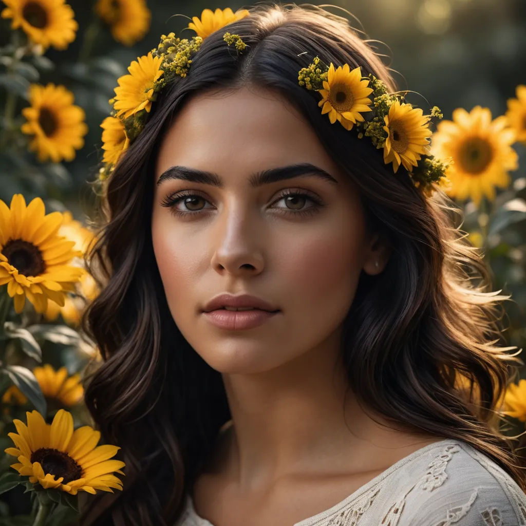 a woman with sunflowers in her hair and a wreath of flowers in her hair, standing in a field of sunflowers, art photography, a photorealistic painting, Dave Melvin, portrait photography