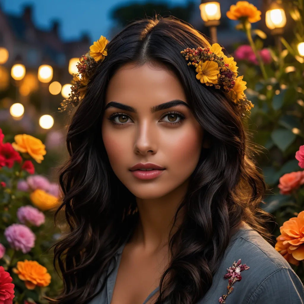 a woman with flowers in her hair and a flower crown on her head in a field of flowers at night, art photography, a photorealistic painting, Dave Melvin, portrait photography