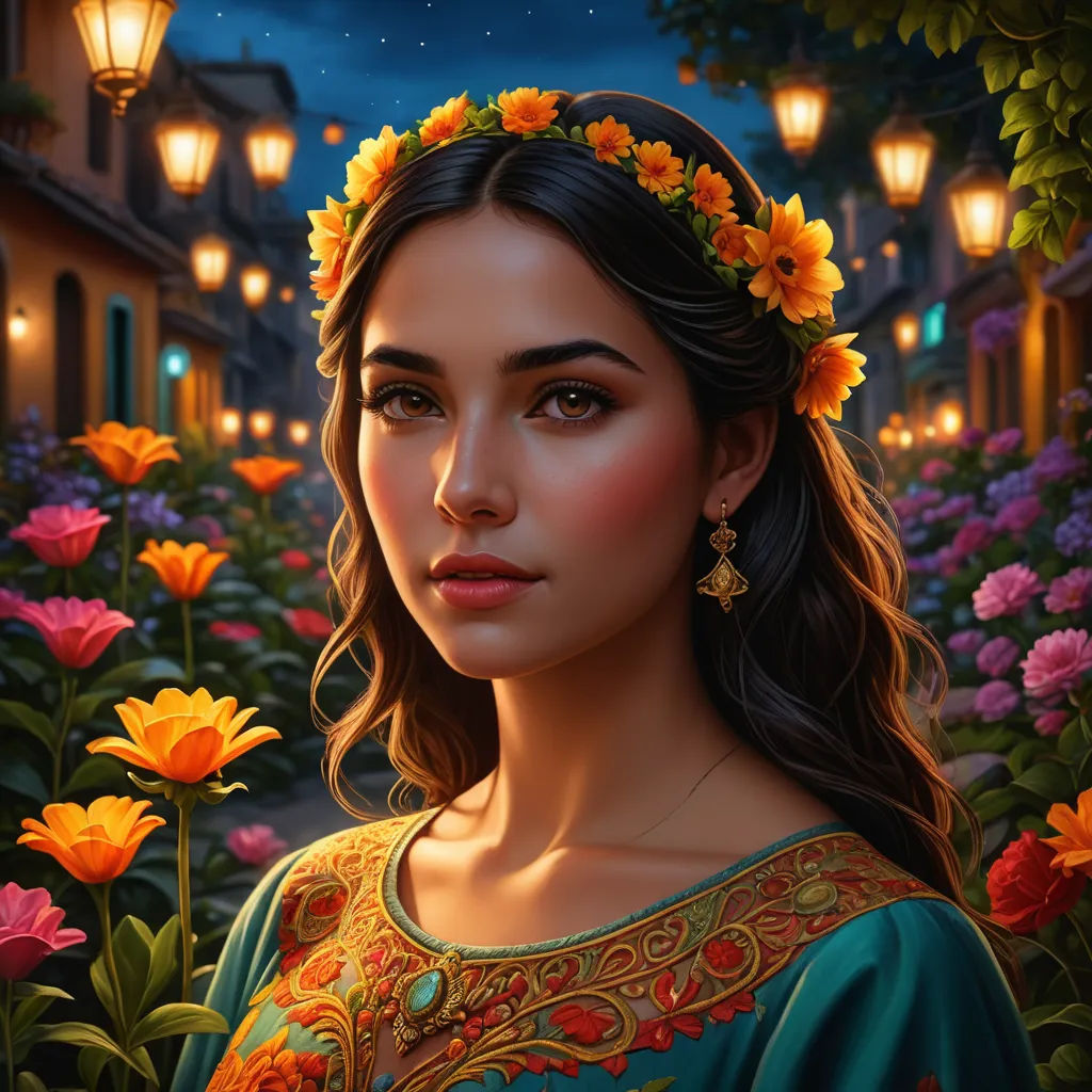 a painting of a woman in a flowered garden at night with a full moon in the sky above her, fantasy art, a detailed painting, Anne Stokes, highly detailed digital painting