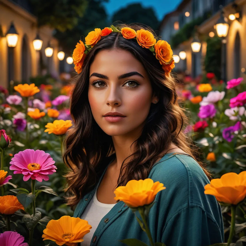 a woman with a flower crown in a field of flowers at night with street lights in the background and a building in the background, art photography, a stock photo, Dave Melvin, portrait photography