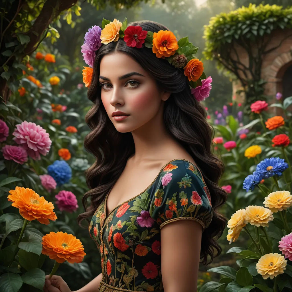 a woman with flowers in her hair standing in a garden of flowers with a brick wall in the background, fantasy art, a photorealistic painting, Araceli Gilbert, highly detailed digital painting