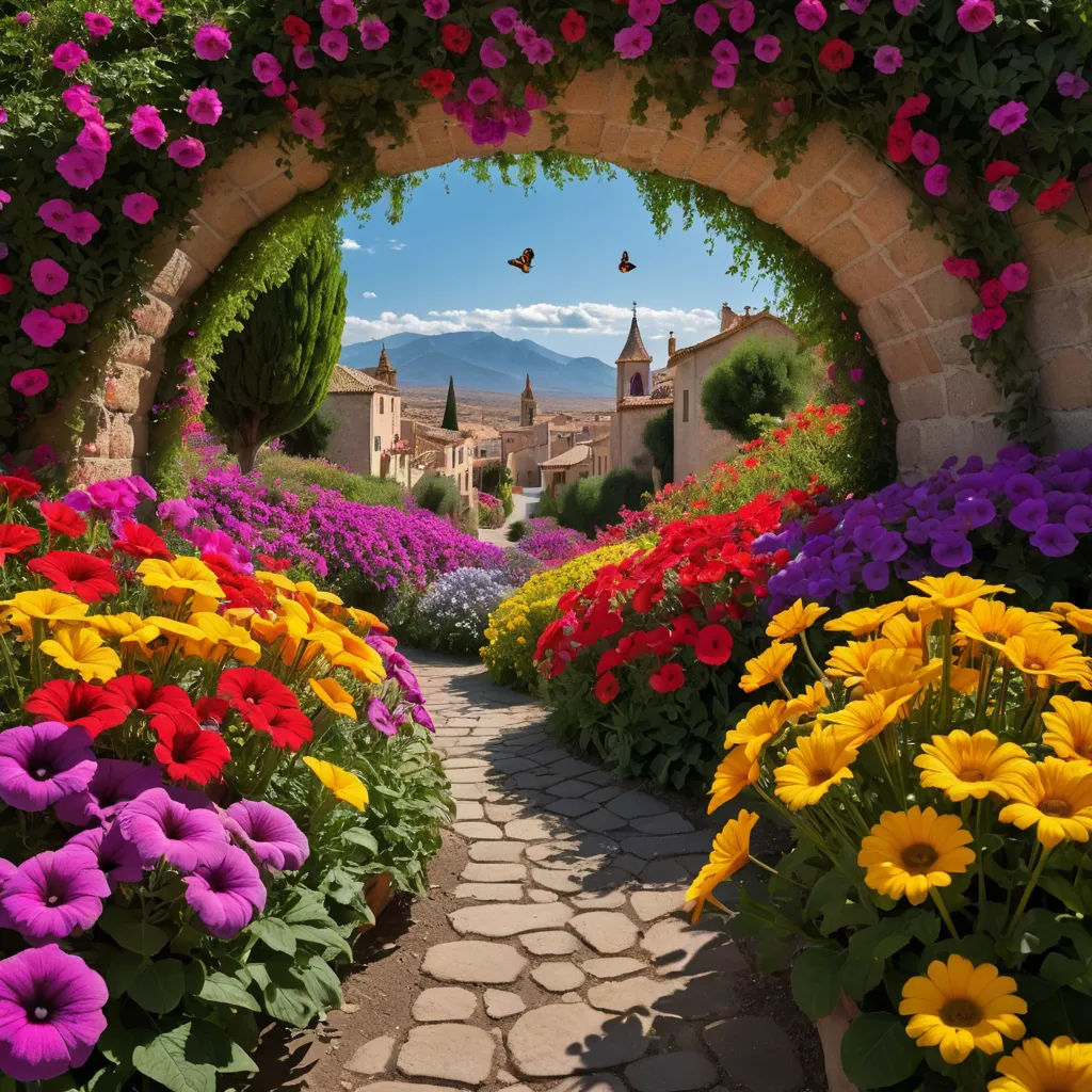 a garden with a stone arch and colorful flowers in the foreground and a town in the background with a blue sky, color field, a detailed matte painting, Chris LaBrooy, beautiful landscape