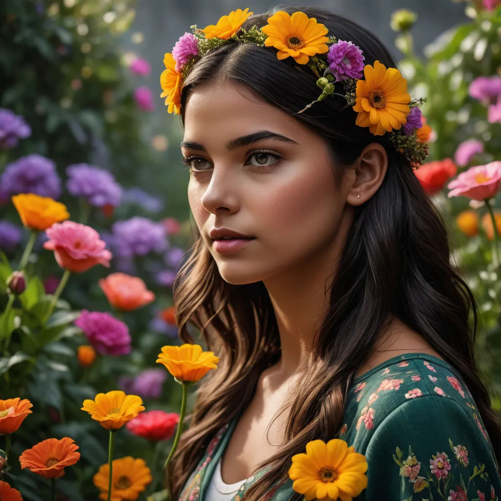 a woman with a flower crown in a field of flowers in the sun, looking at the camera, with a serious look on her face, art photography, a stock photo, Dave Melvin, portrait photography