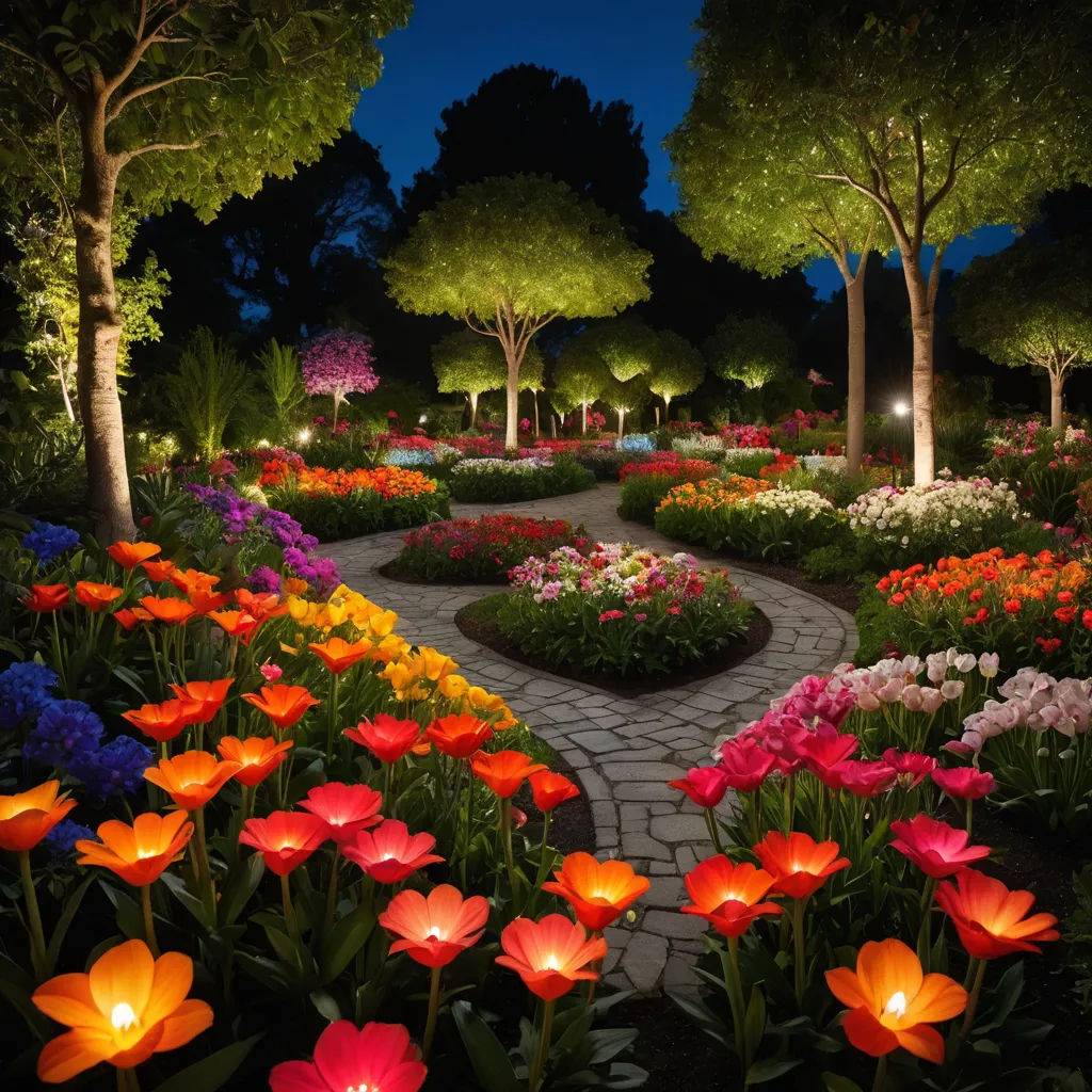 a garden with a pathway and flowers lit up at night time with lights on the trees and flowers in the foreground, color field, a digital rendering, Bob Thompson, rembrandt lighting