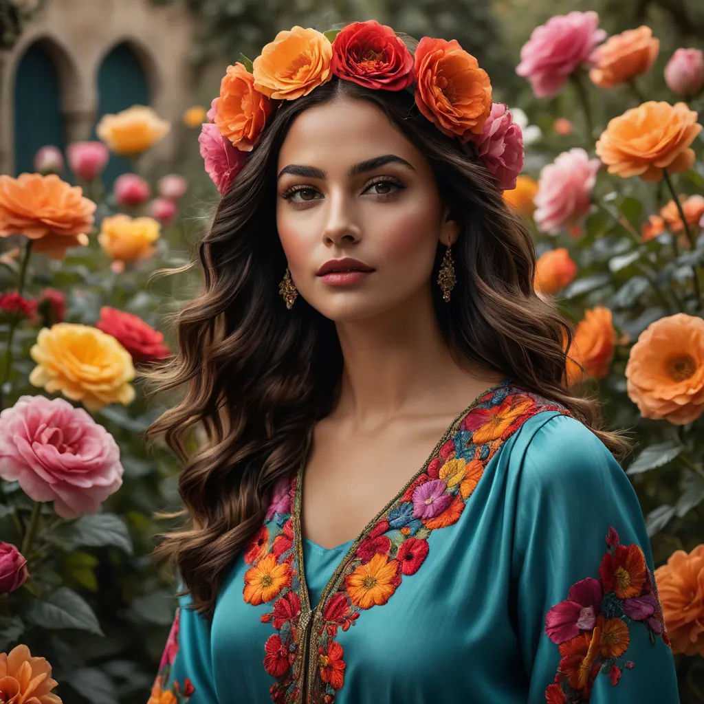 a woman with a flower crown on her head in a garden of flowers, with a blue dress and a green top, qajar art, a photorealistic painting, Dave Melvin, affinity photo
