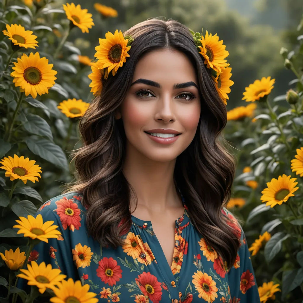 a woman with sunflowers in her hair and a green shirt on, standing in a field of sunflowers, art photography, a stock photo, Dave Melvin, portrait photography