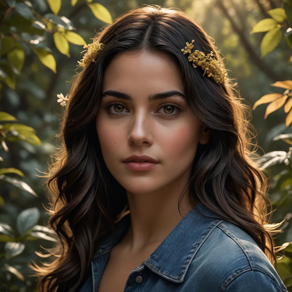 a woman with a flower in her hair and a denim jacket on is standing in front of a bush, art photography, a photorealistic painting, Dave Melvin, beautiful face