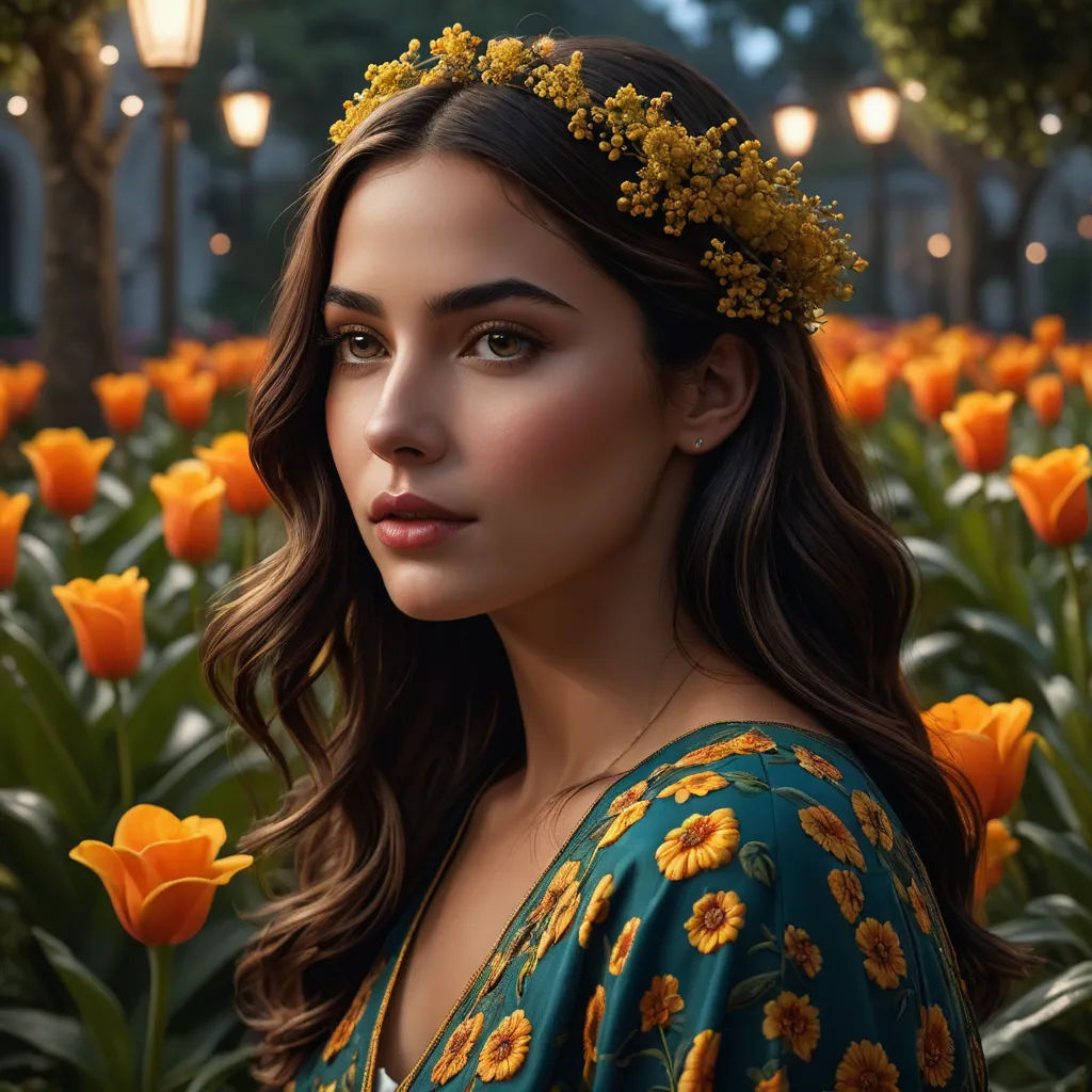 a woman with a wreath of flowers in her hair in a field of flowers with a street light in the background, photorealism, a photorealistic painting, Dave Melvin, ultra realistic digital art