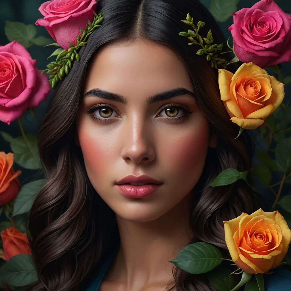 a painting of a woman with roses around her head and eyes, with long hair and a blue shirt, photorealism, a photorealistic painting, Dave Melvin, highly detailed digital painting