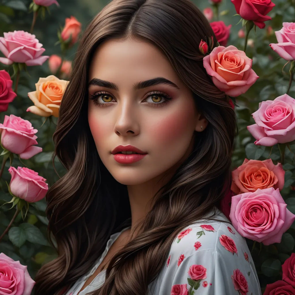 a woman with long hair and pink roses in the background is a painting of a woman with long hair and pink roses in the background is a painting of roses, fantasy art, a photorealistic painting, Dave Melvin, highly detailed digital painting