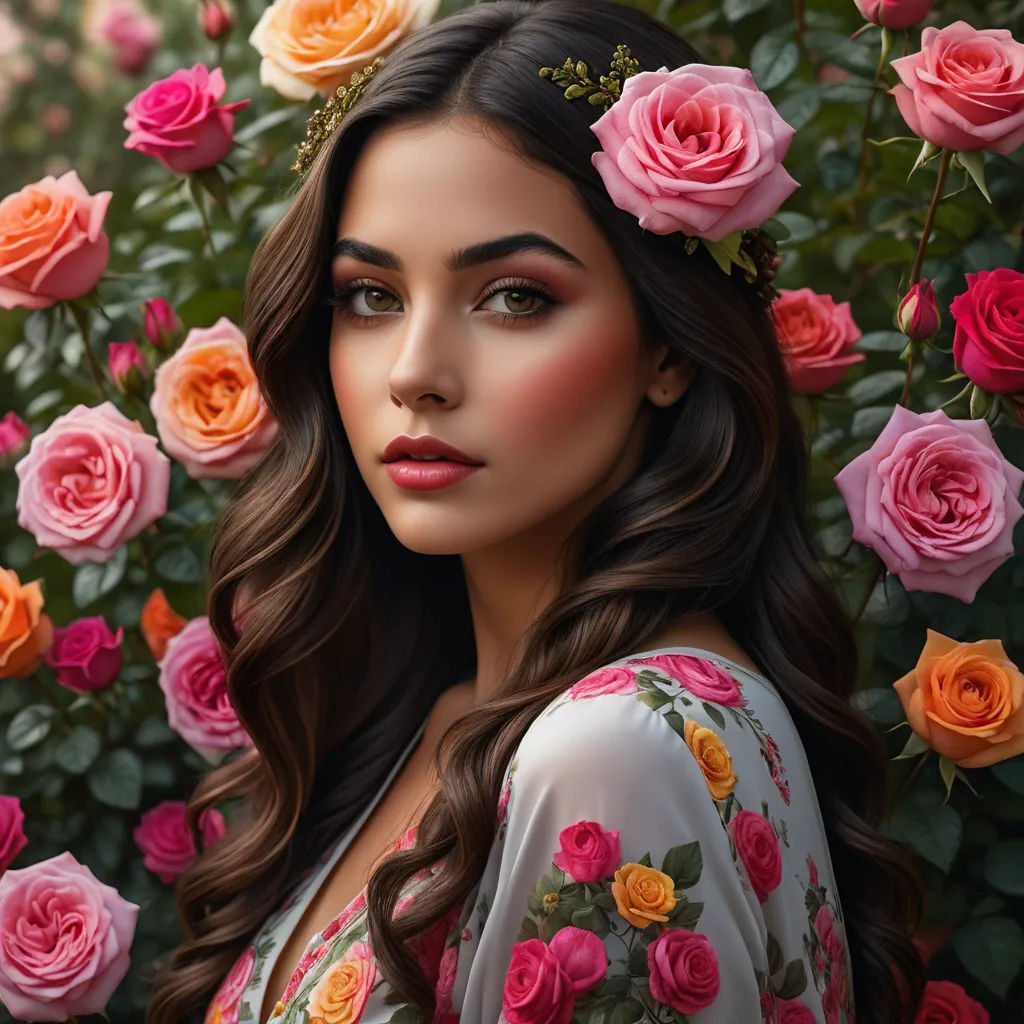 a woman with long hair and a flower crown in her hair standing in front of roses in a garden, rococo, a photorealistic painting, Dave Melvin, highly detailed digital painting