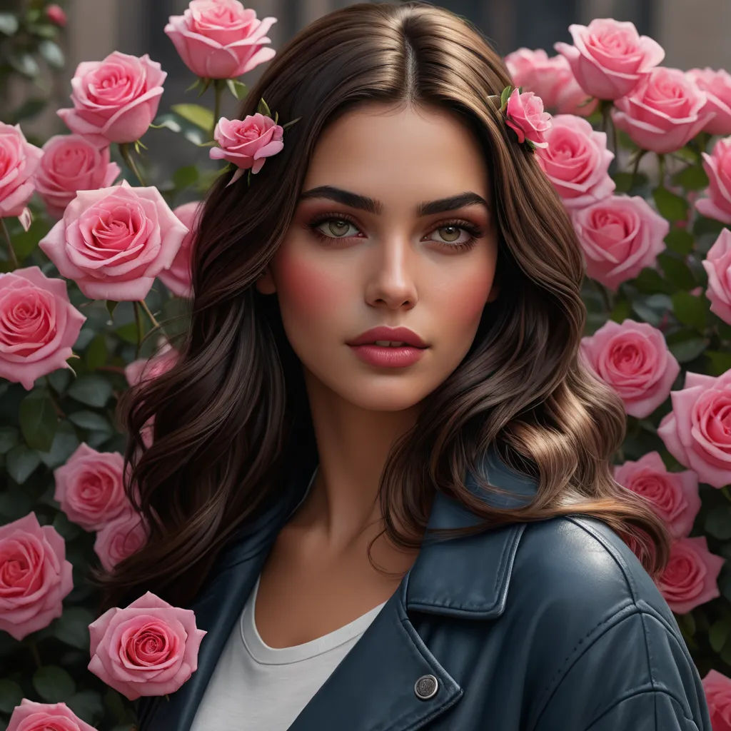a woman with long hair standing in front of pink roses with a black jacket on and a white shirt, photorealism, a photorealistic painting, Artgerm, ultra realistic digital art