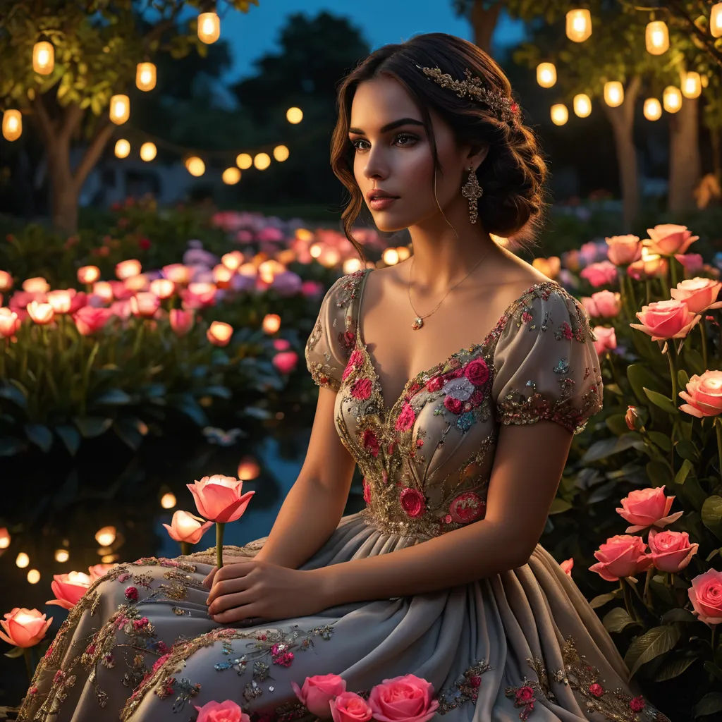 a woman in a dress sitting in a field of flowers with a rose in her hand and a lit up lantern behind her, art photography, a photorealistic painting, Elina Karimova, enchanting