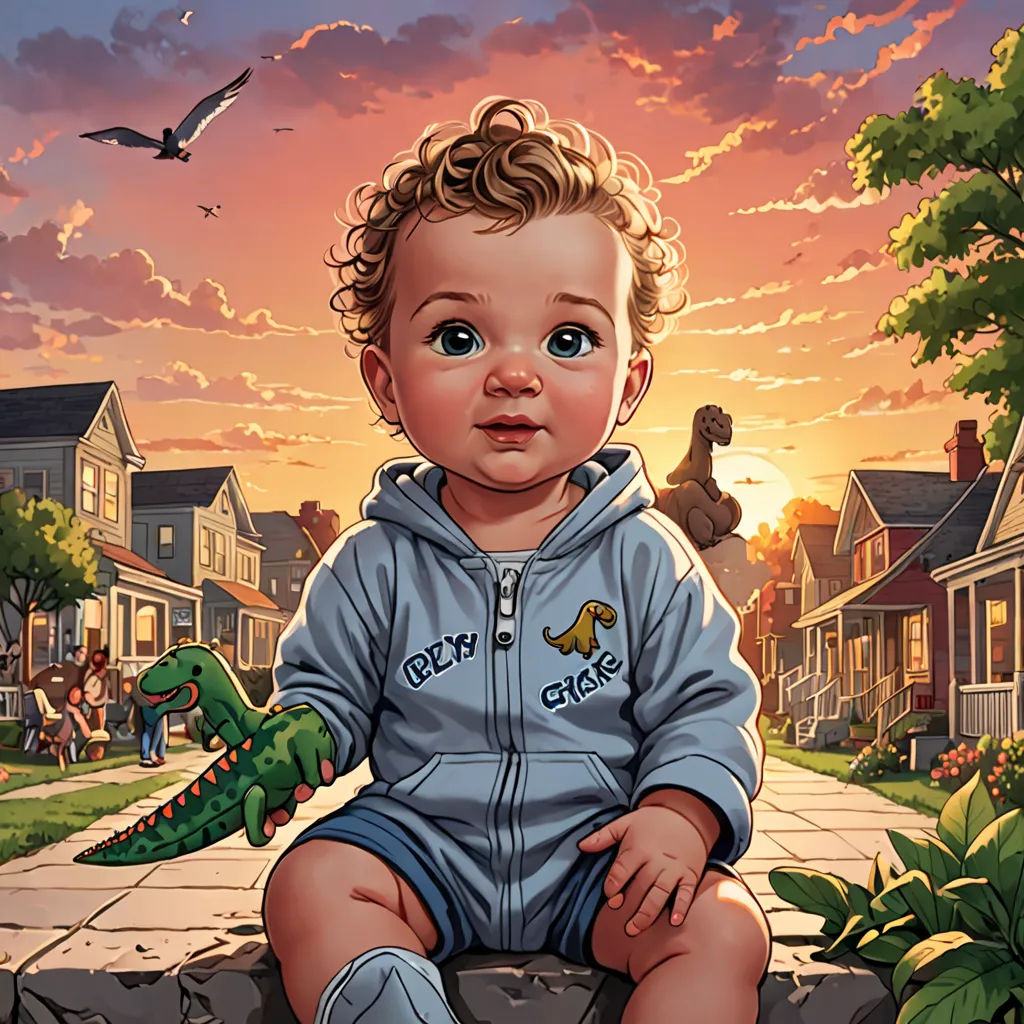 a baby sitting on a rock with a toy alligator in his lap and a sunset in the background with a bird flying overhead, american scene painting, a comic book panel, F Scott Hess, comic cover art