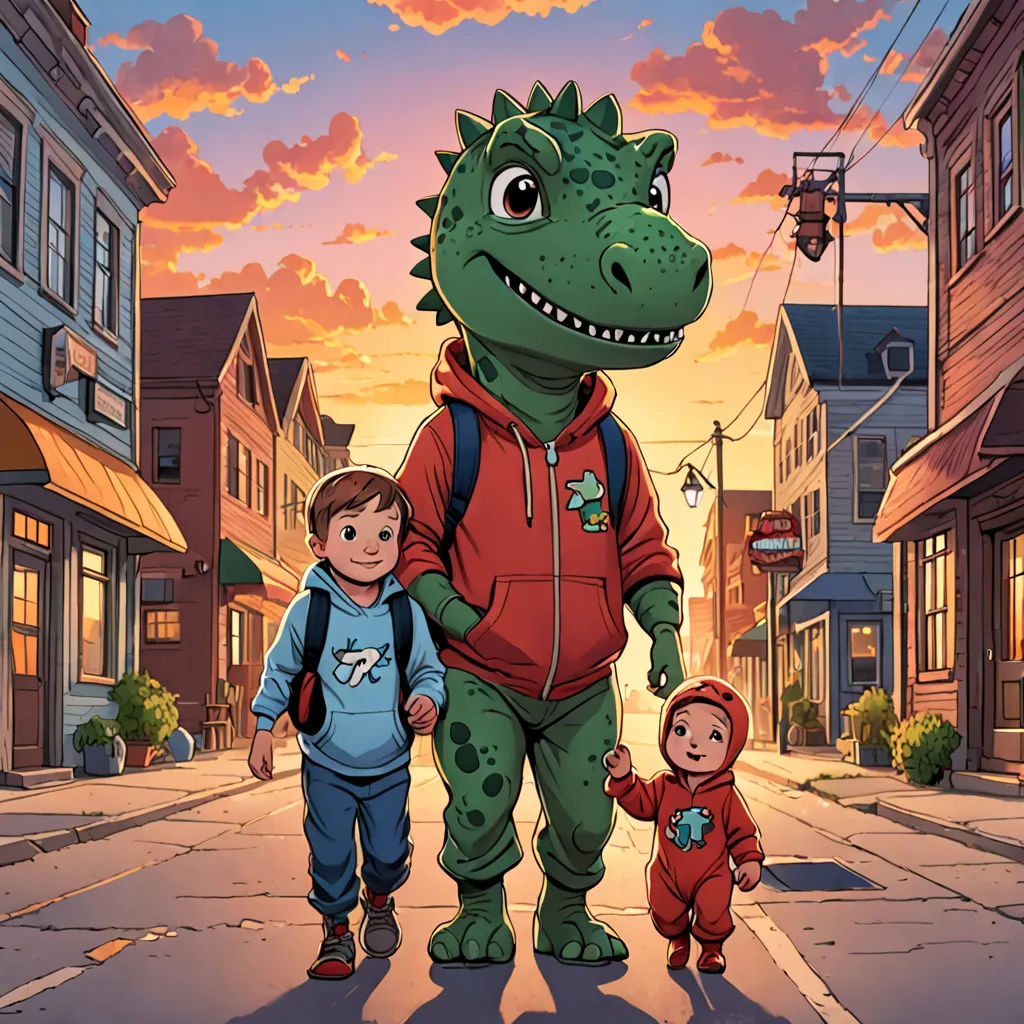a cartoon of a dinosaur and a child walking down a street at sunset with a sky background and buildings, lyco art, a storybook illustration, Adam Rex, comic cover art