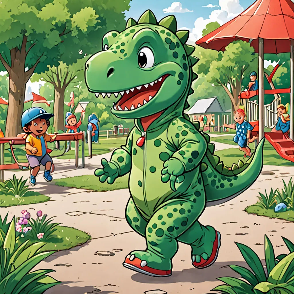 a cartoon dinosaur is walking in a park with a little boy nearby and a playground with a play structure, sots art, a storybook illustration, Adam Rex, official art