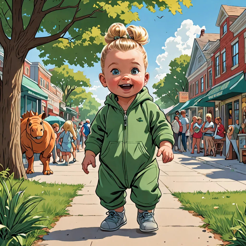 a cartoon of a baby walking down a sidewalk in a green suit and blue shoes with a dog in the background, american scene painting, a comic book panel, F Scott Hess, josan gonzales and dan mumford