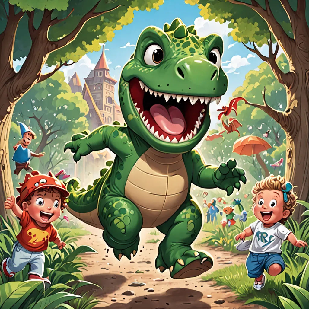 a cartoon of a dinosaur running through a forest with kids in the background and a castle in the background, sots art, a storybook illustration, Adam Rex, storybook illustration
