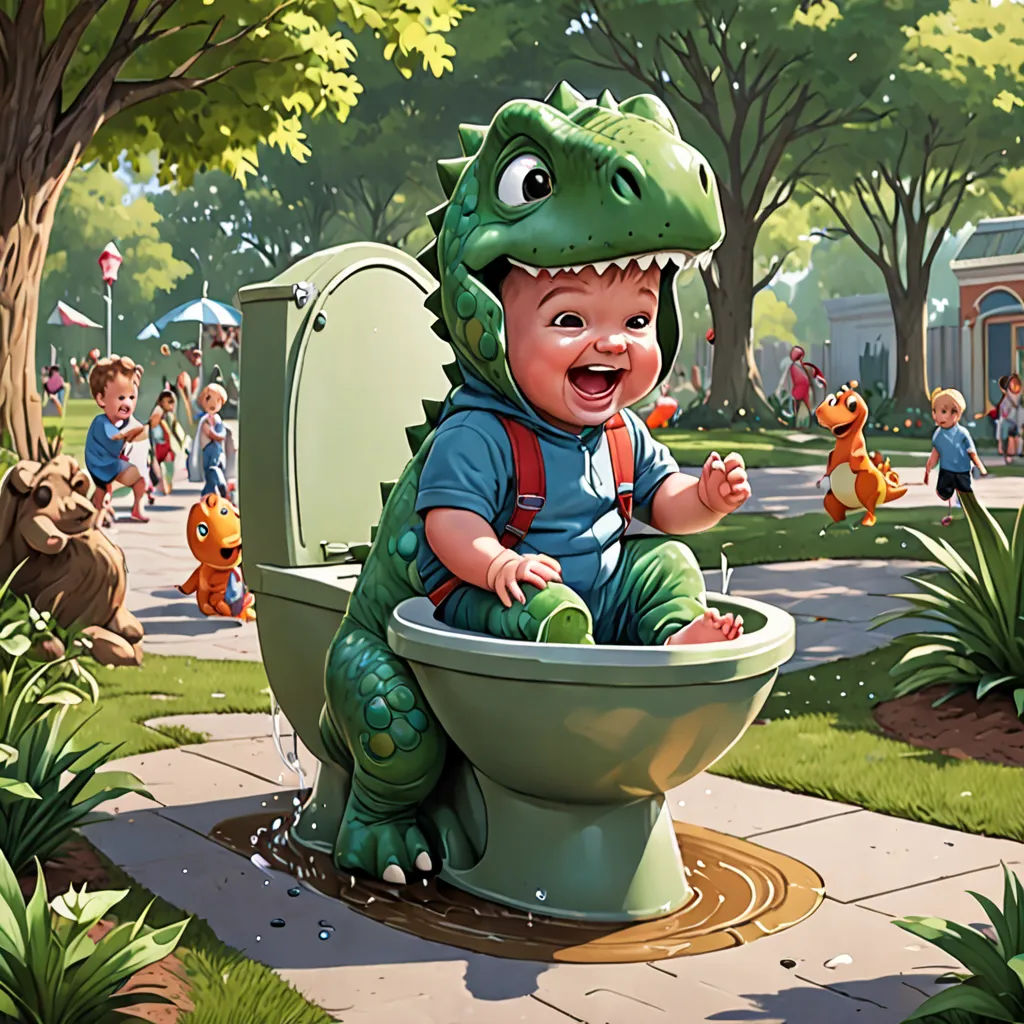 a baby sitting on a toilet in a park with a dragon costume on and a green dragon head sitting on the lid, fantasy art, a storybook illustration, Chris LaBrooy, storybook illustration
