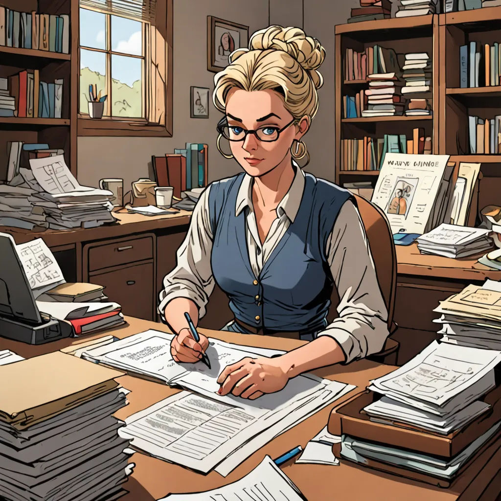 a woman sitting at a desk with a lot of papers and a laptop computer on it, in front of a bookshelf, academic art, a comic book panel, Claire Falkenstein, graphic novel