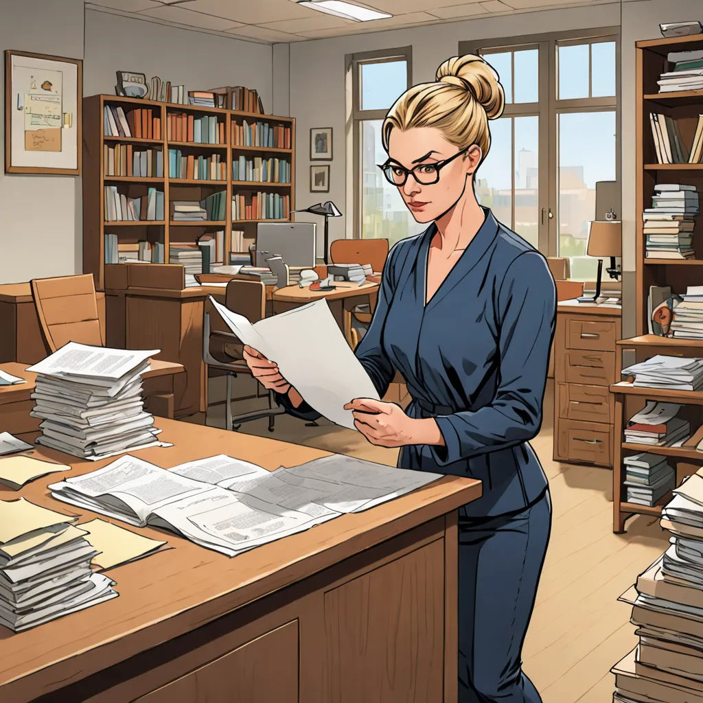 a woman in a blue shirt is holding a paper in a library with a lot of books on the desk, private press, concept art, Claire Falkenstein, graphic novel