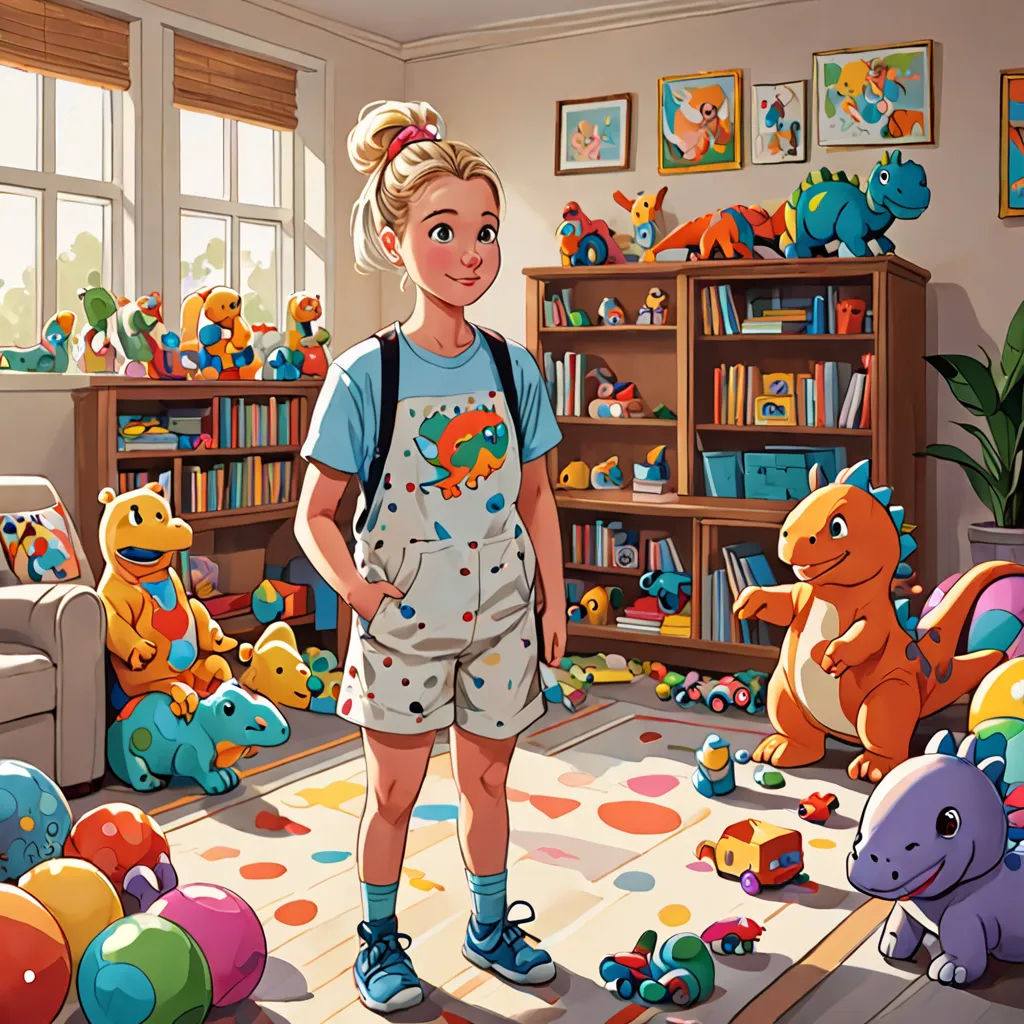 a girl standing in a room with toys all around her and a bookcase full of books behind her, figurativism, a storybook illustration, Chris LaBrooy, official art