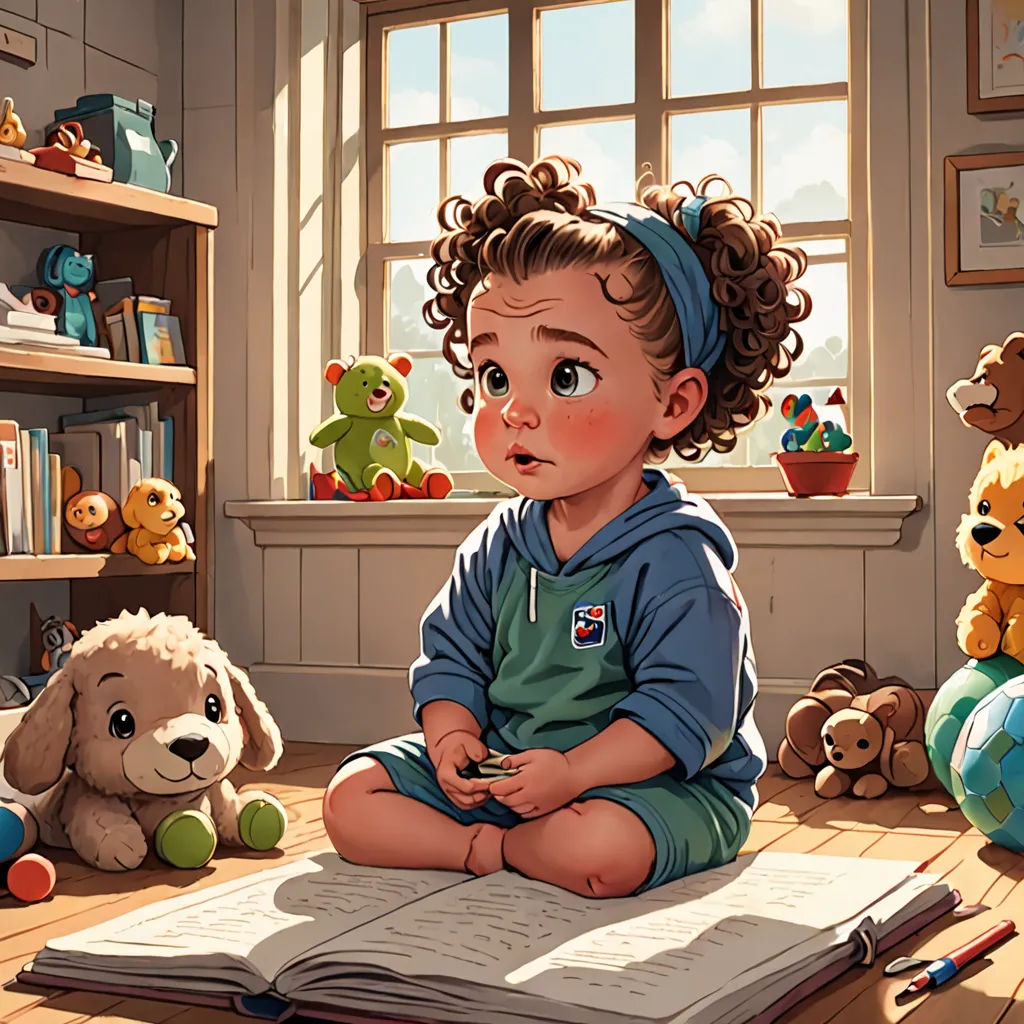 a little girl sitting on the floor with a book and stuffed animals around her and a book open to her, photorealism, a storybook illustration, Chris LaBrooy, storybook illustration