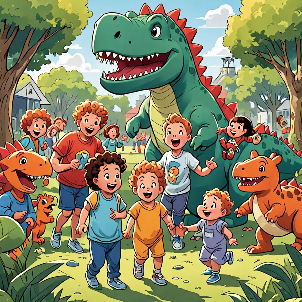 a group of children standing around a dinosaur in a park with a large dinosaur in the background and a man in the foreground, lyco art, a storybook illustration, Adam Rex, promotional image