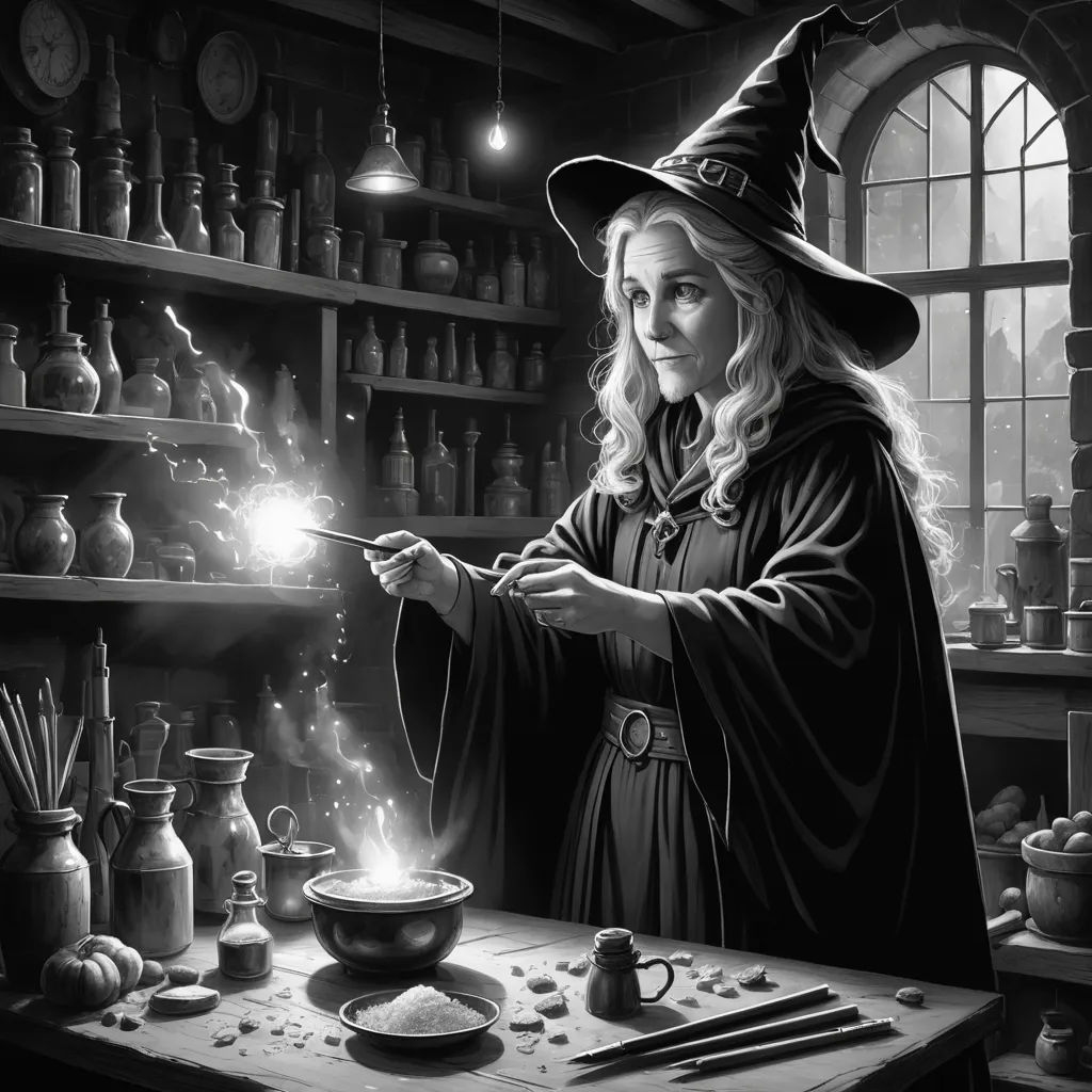 a woman in a wizard's hat holding a wand over a table with a pot and a bowl, fantasy art, a storybook illustration, Chris Rallis, fantasy illustration
