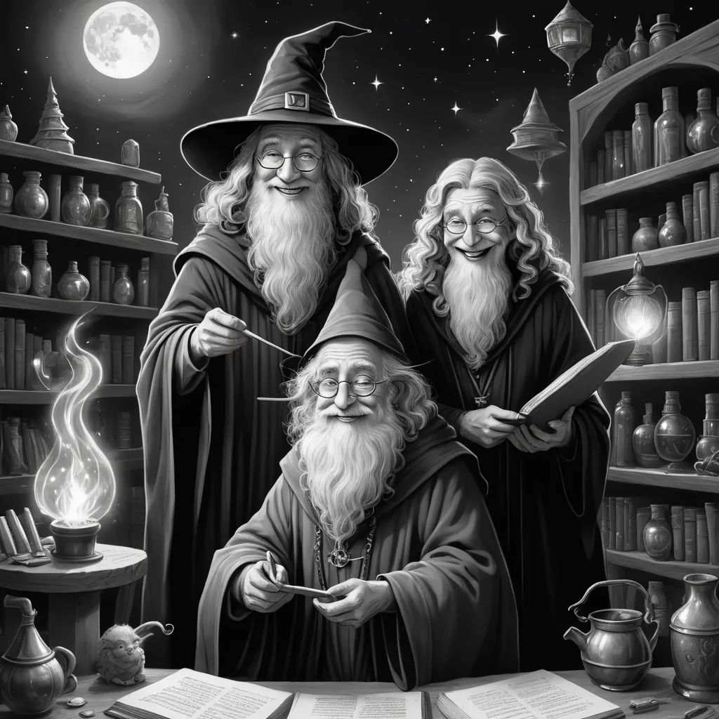 a painting of two wizard's reading in a library at night with a full moon in the background, fantasy art, a storybook illustration, Ed Binkley, fantasy magic