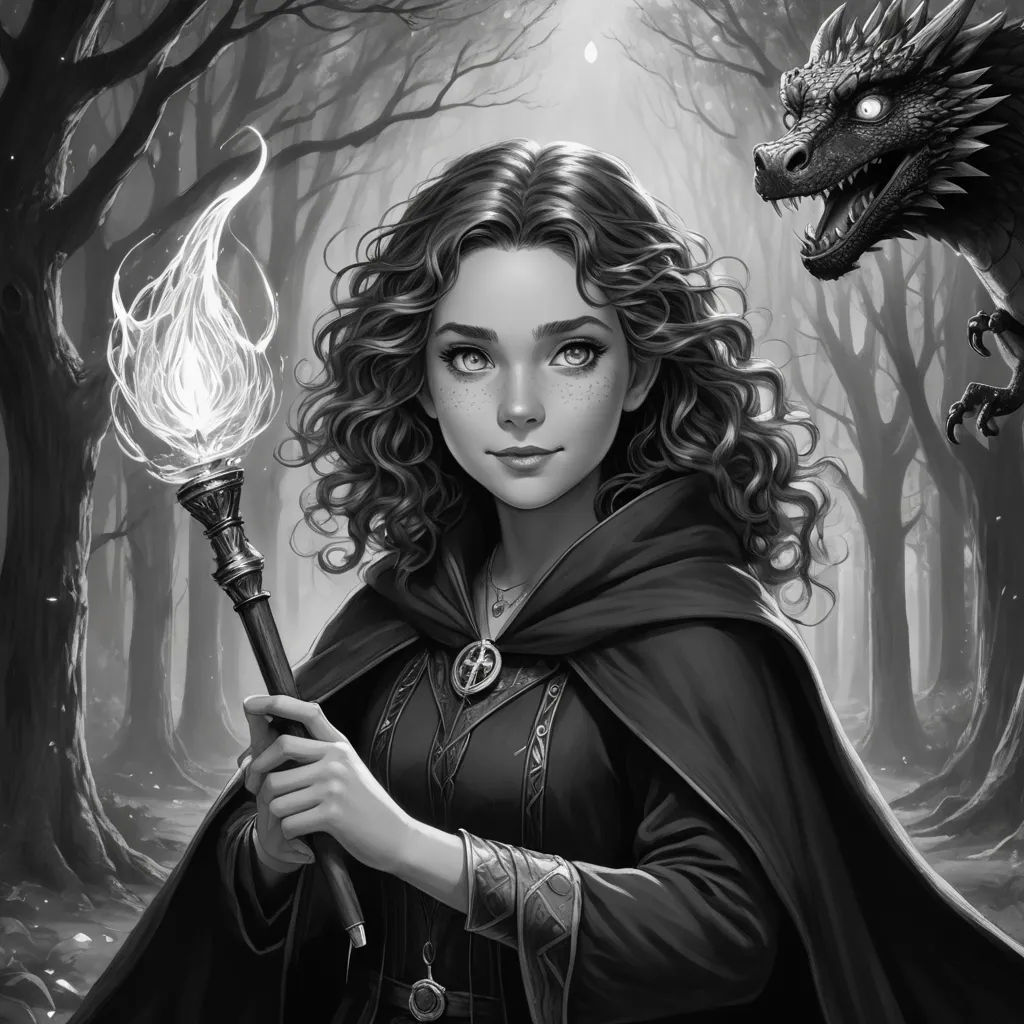 a woman holding a wand in a forest with a dragon on it's back and a dragon on her shoulder, fantasy art, a storybook illustration, Chris Rallis, fantasy illustration