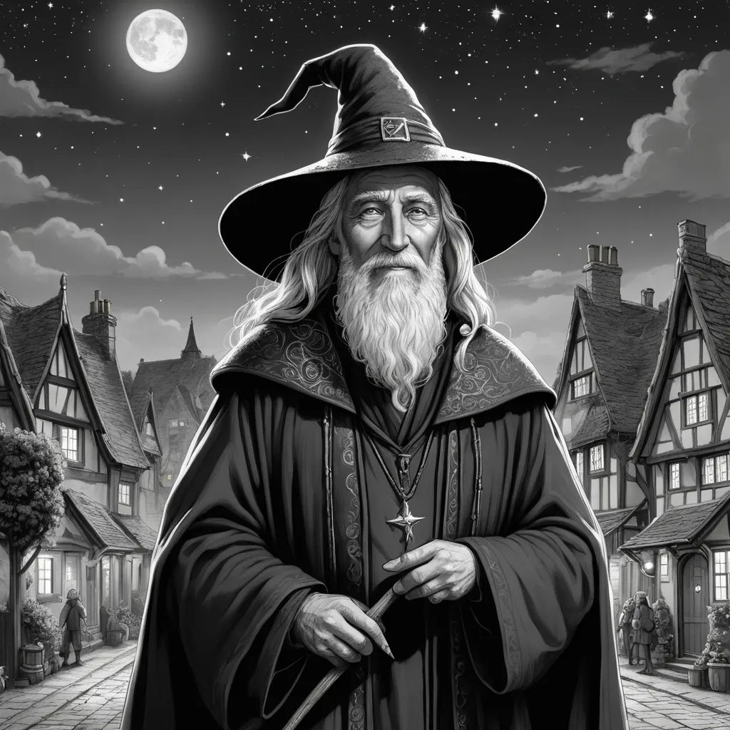 a wizard with a long beard and a hat on standing in front of a street at night with a full moon, fantasy art, a detailed matte painting, Alex Horley-Orlandelli, fantasy artwork