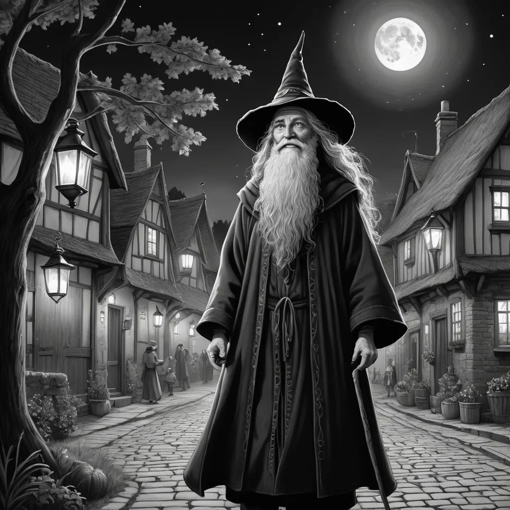 a wizard standing on a cobblestone road in front of a full moon sky with a full moon behind him, fantasy art, a storybook illustration, Colin Middleton, storybook illustration