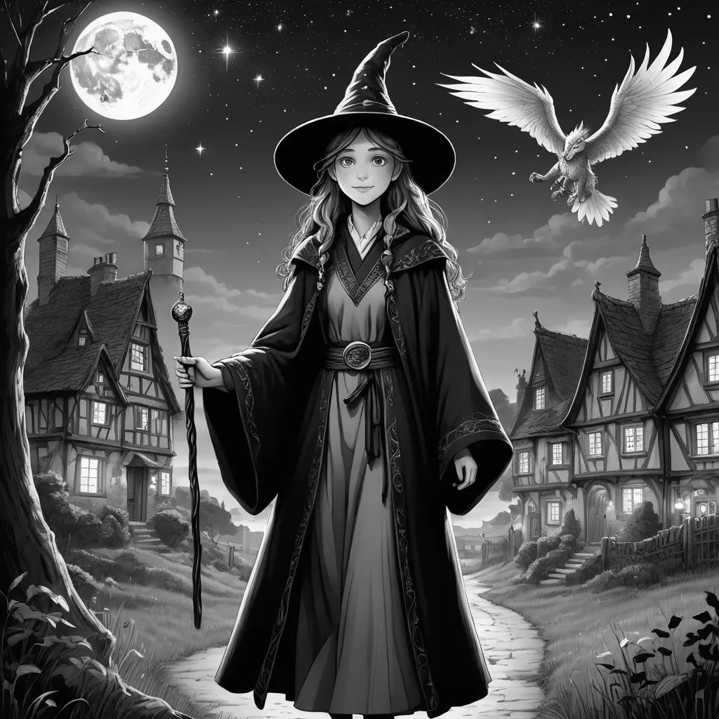 a woman in a witch costume holding a wand and a bird flying over her shoulder in front of a full moon, fantasy art, a storybook illustration, Anne Stokes, storybook illustration