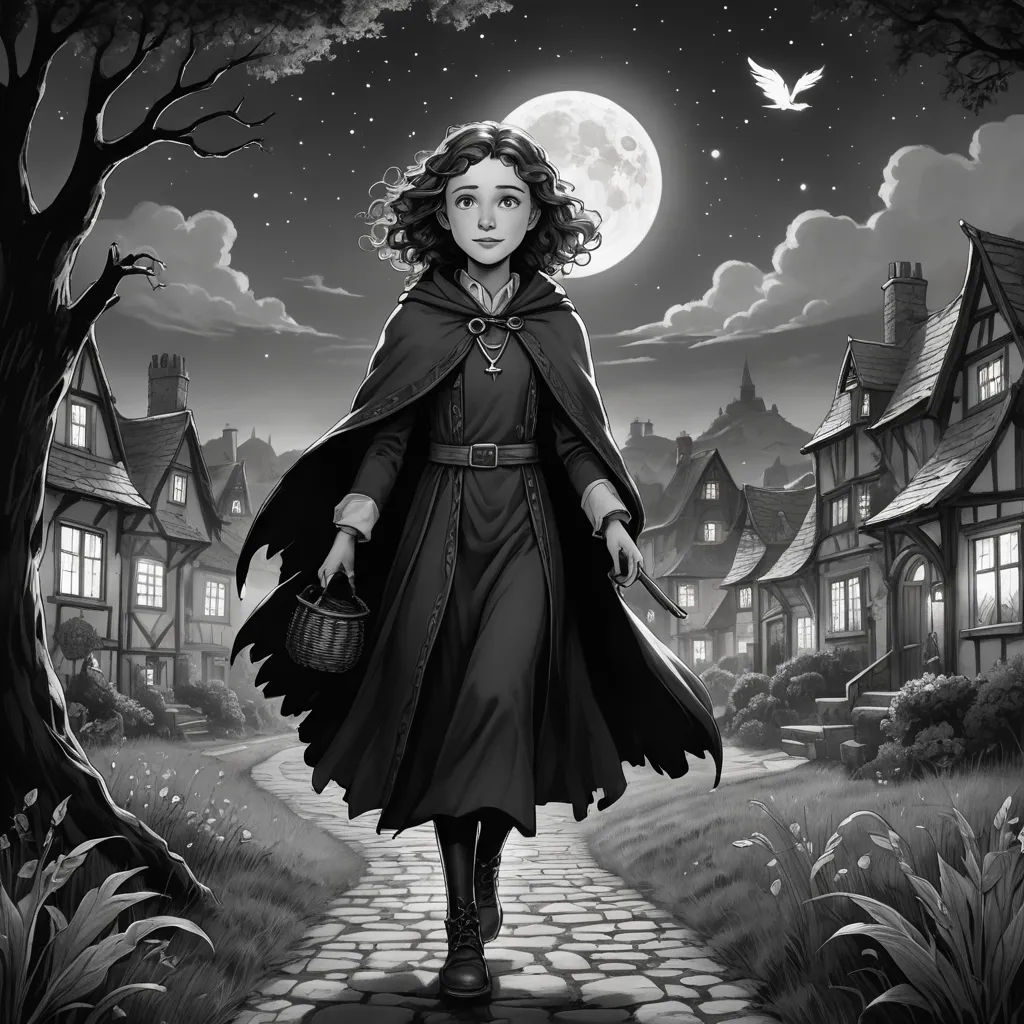 a woman in a cloak walking down a path to a house with a full moon in the background and a bird flying overhead, magical realism, a storybook illustration, Elinor Proby Adams, storybook illustration
