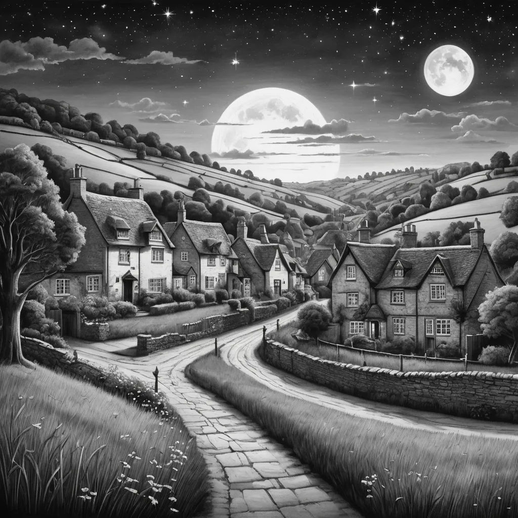 a painting of a night scene with houses and a road leading to a full moon in the sky above a field, magical realism, a storybook illustration, David Martin, storybook illustration