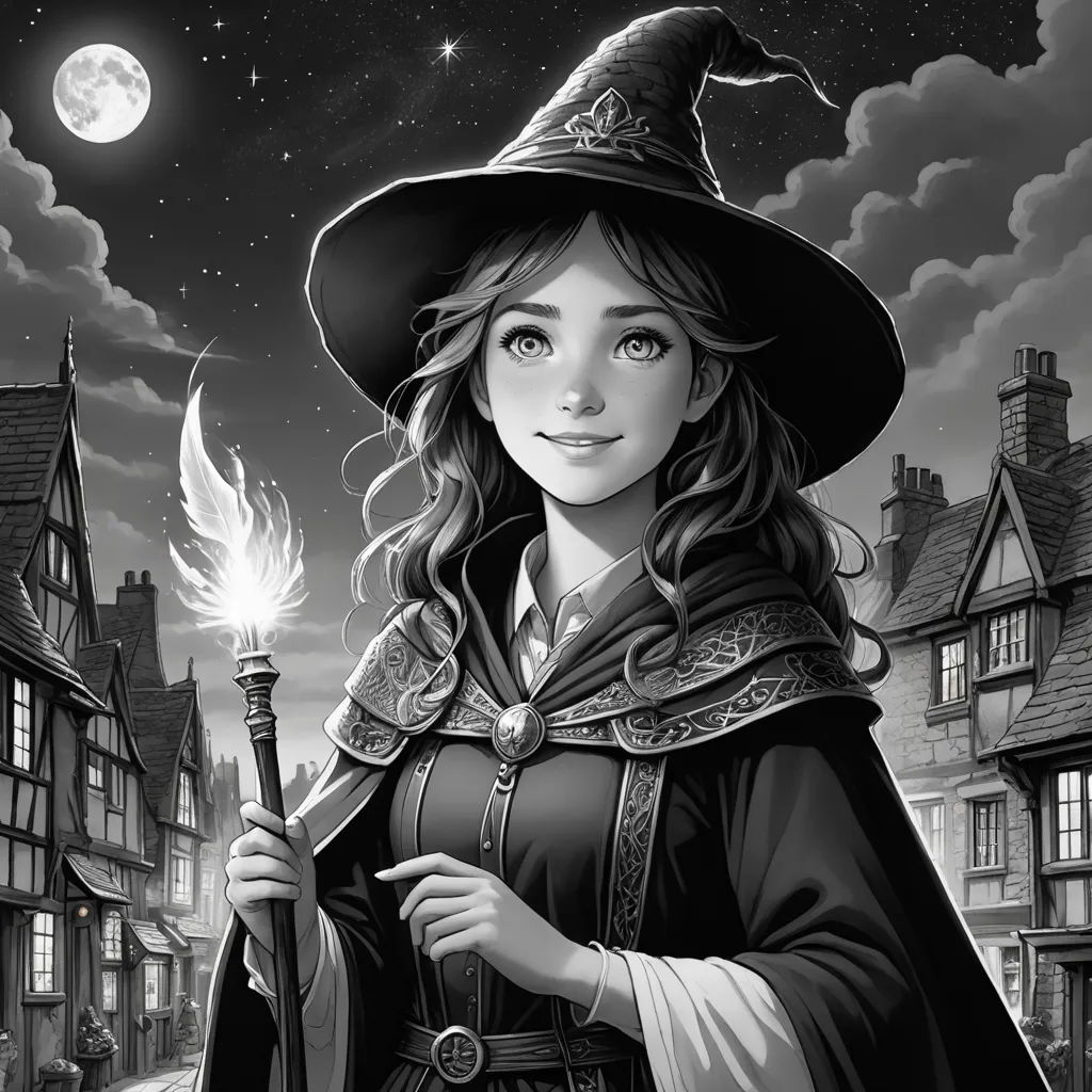 a woman in a witch costume holding a wand and a hat on her head, standing in front of a full moon, fantasy art, a storybook illustration, Chris Rallis, fantasy illustration