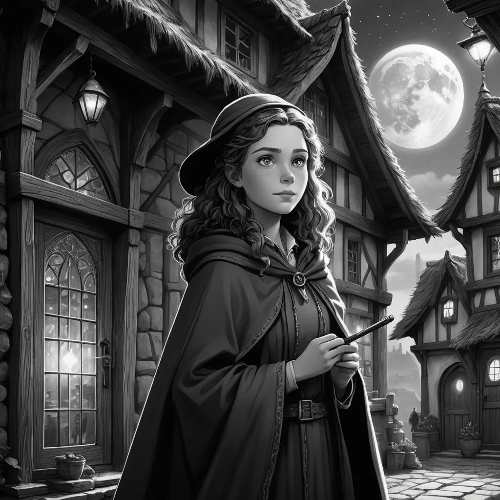 a woman in a wizard costume standing in front of a house with a full moon in the background and a full moon in the sky, fantasy art, a storybook illustration, Clarice Beckett, official art