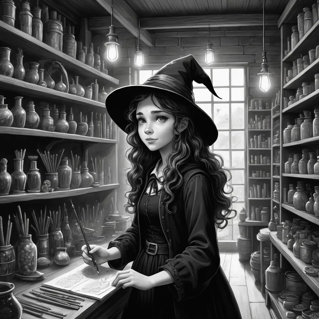 a woman in a witch costume writing in a book in a library with a wizard hat on her head, fantasy art, a storybook illustration, Charlie Bowater, storybook illustration