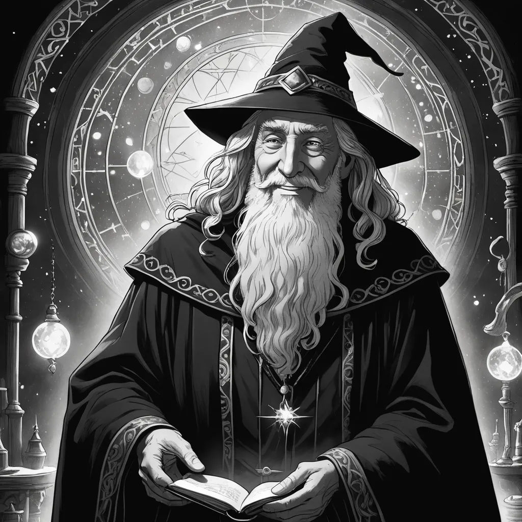 a wizard holding a book in his hands and a clock in the background with stars and lights around him, fantasy art, an ultrafine detailed painting, Alex Horley-Orlandelli, fantasy magic