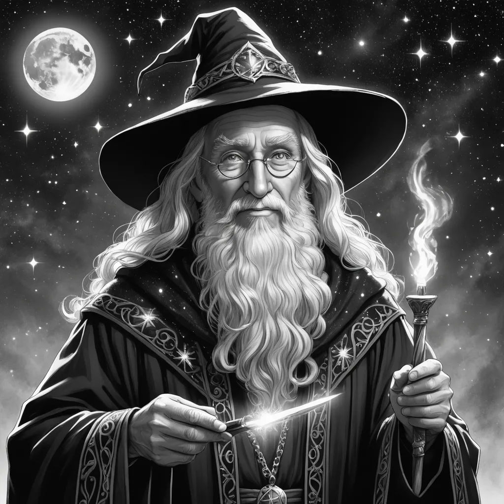 a wizard with a wand and a hat on holding a wand in his hand and a full moon in the background, fantasy art, an ultrafine detailed painting, Alex Horley-Orlandelli, fantasy character portrait