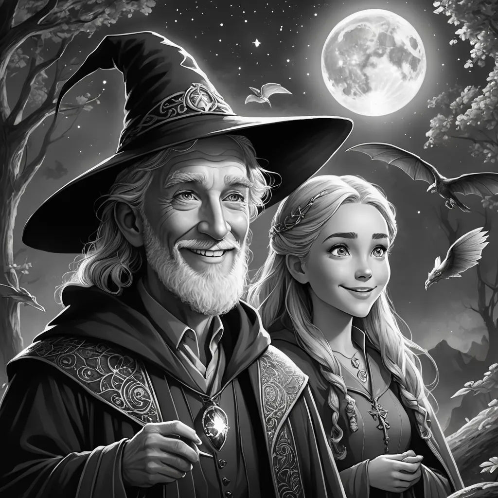 a man and woman in wizard costumes standing next to each other in front of a full moon and trees, fantasy art, a storybook illustration, Cliff Childs, storybook illustration