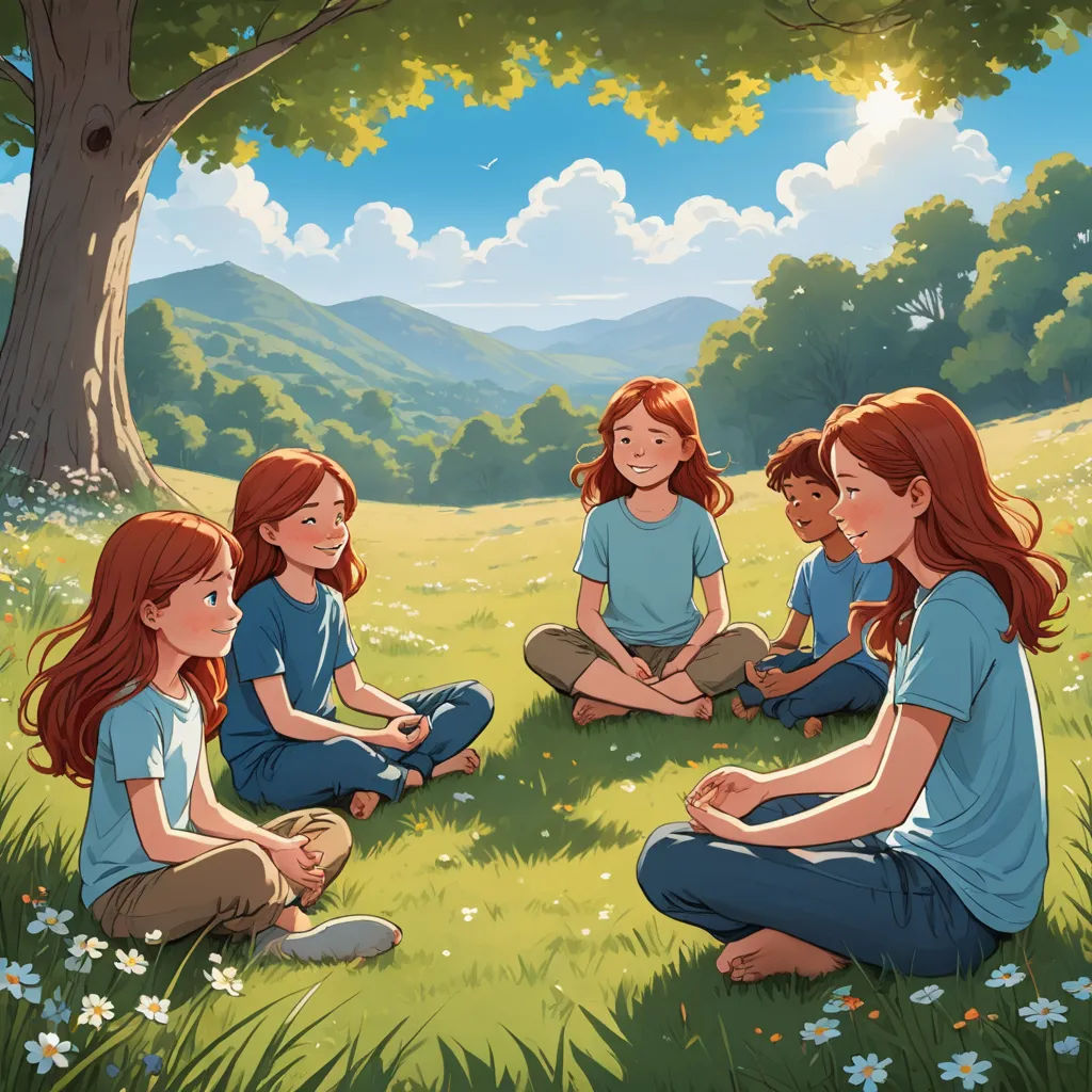 a group of children sitting in a circle on the grass in front of a tree and mountains in the background, rayonism, a storybook illustration, Christophe Vacher, official art
