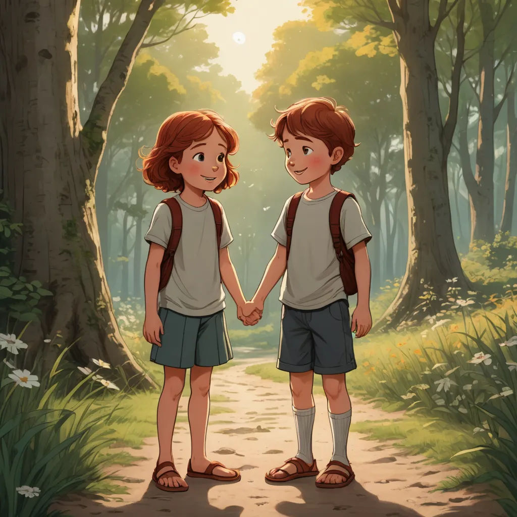 two children standing in a forest holding hands and looking at each other with a forest background behind them and sunlight shining through the trees, sots art, a storybook illustration, Diego Gisbert Llorens, official art