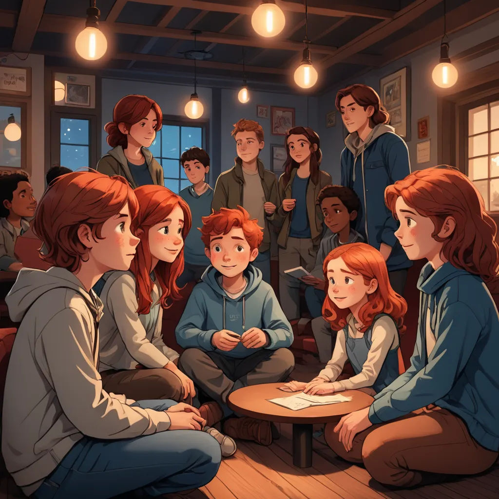 a group of people sitting around a table in a room with lights on the ceiling and a woman standing in front of them, vancouver school, a storybook illustration, Clarice Beckett, official art