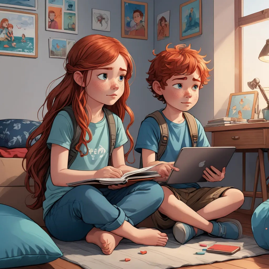 a boy and a girl sitting on the floor looking at a laptop computer screen together, with a book open, sots art, a storybook illustration, Cyril Rolando, trending on art station