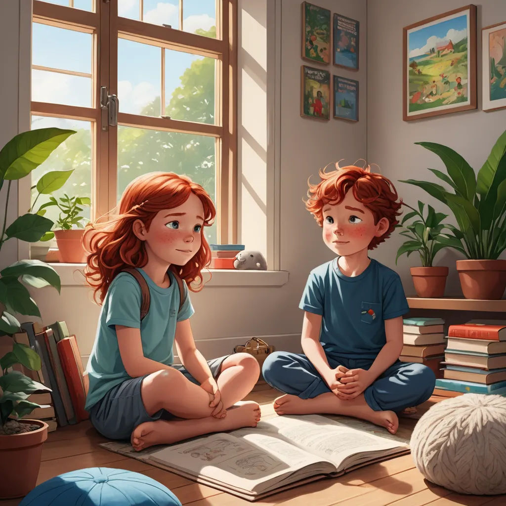 a painting of two children sitting on the floor reading a book together, with a cat nearby and a cat laying on the floor, photorealism, a storybook illustration, Diego Gisbert Llorens, storybook illustration