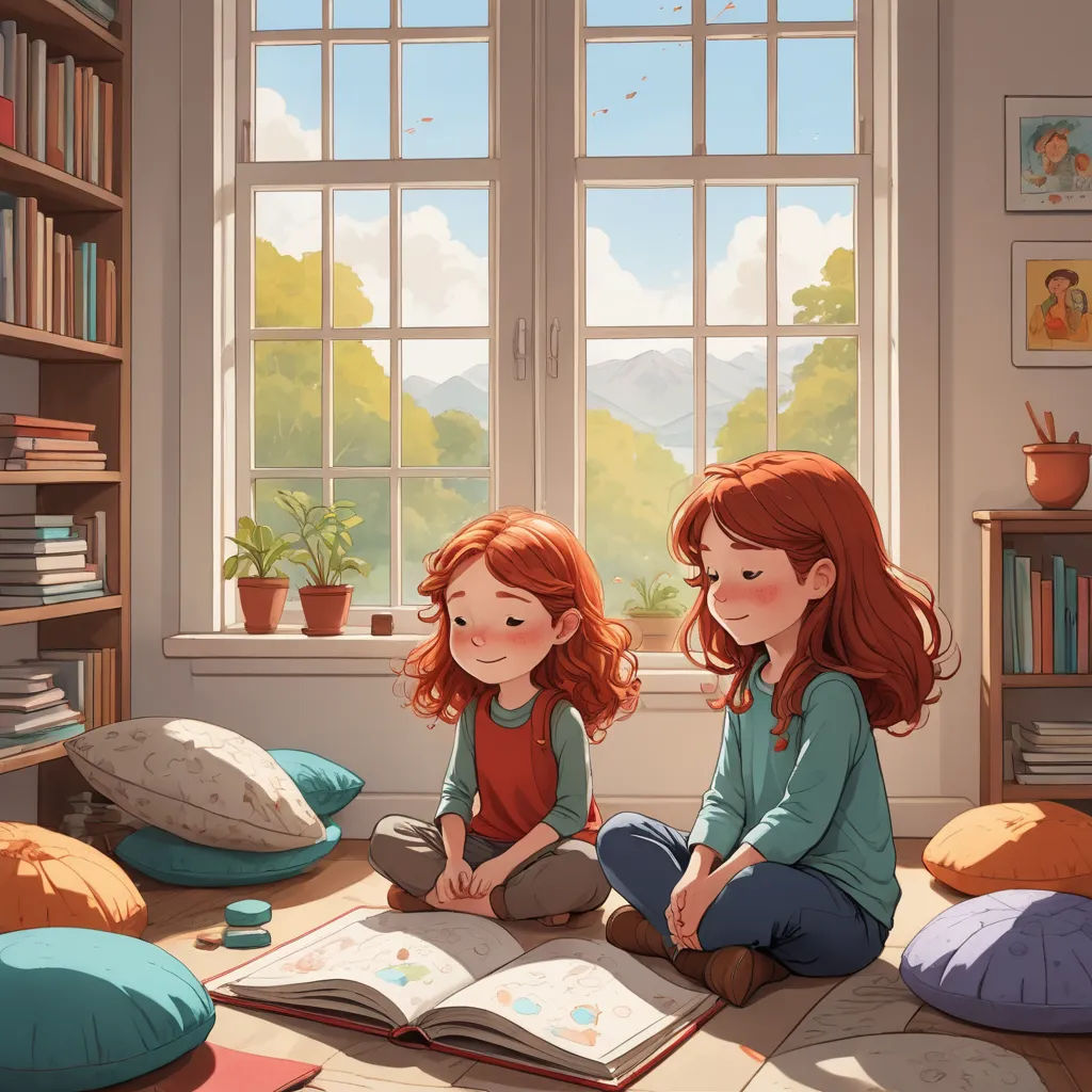 two girls sitting on the floor reading a book together in front of a window with a mountain view behind them, fantasy art, a storybook illustration, Diego Gisbert Llorens, storybook illustration