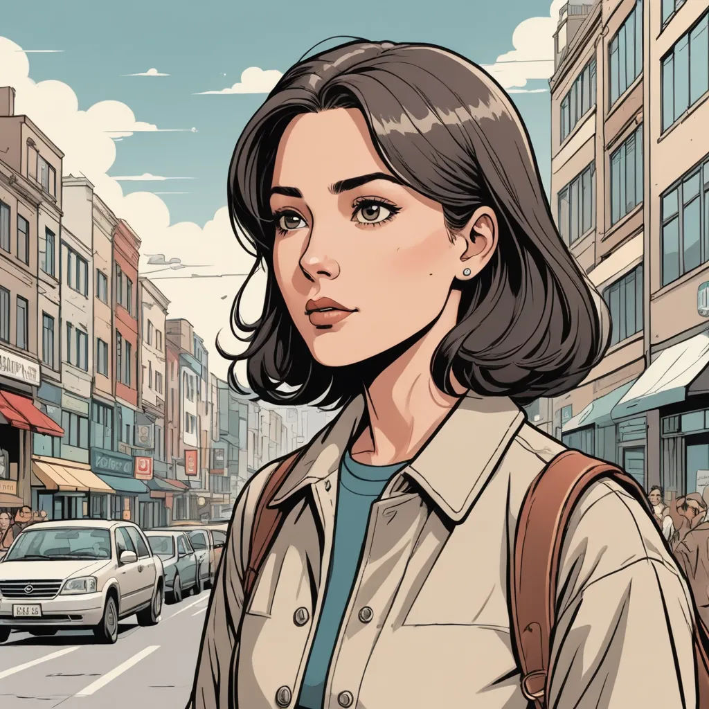 a woman standing on a street corner in a city with cars and buildings behind her, with a blue sky and clouds, serial art, a comic book panel, Asaf Hanuka, comic cover art